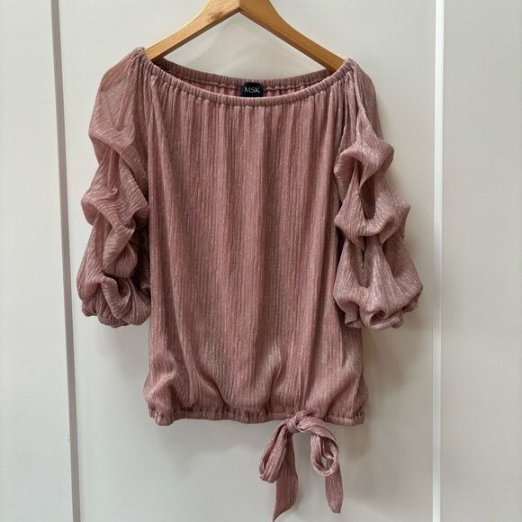 MSK pink metallic ruffle sleeve off shoulder blouse size L - Picture 1 of 7